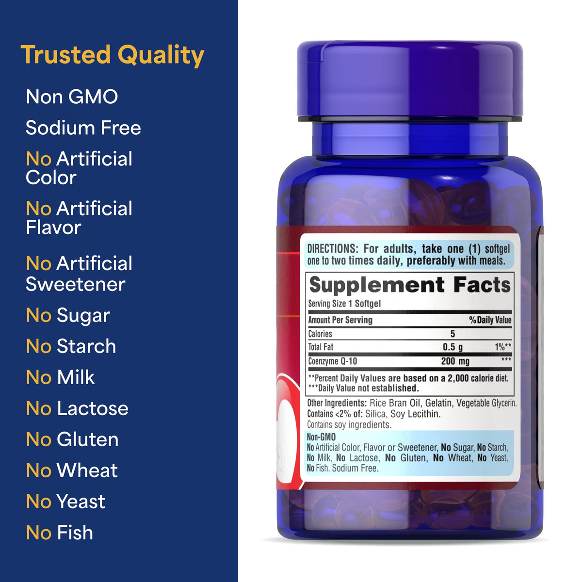 Vue latérale de la bouteille de Coenzyme Q10 200mg