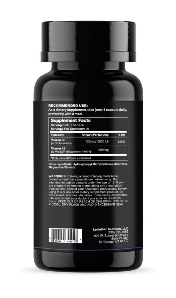 Vue latérale de la bouteille de D3 K2 de Leviathan Nutrition