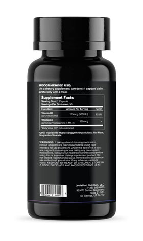 Vue latérale de la bouteille de D3 K2 de Leviathan Nutrition