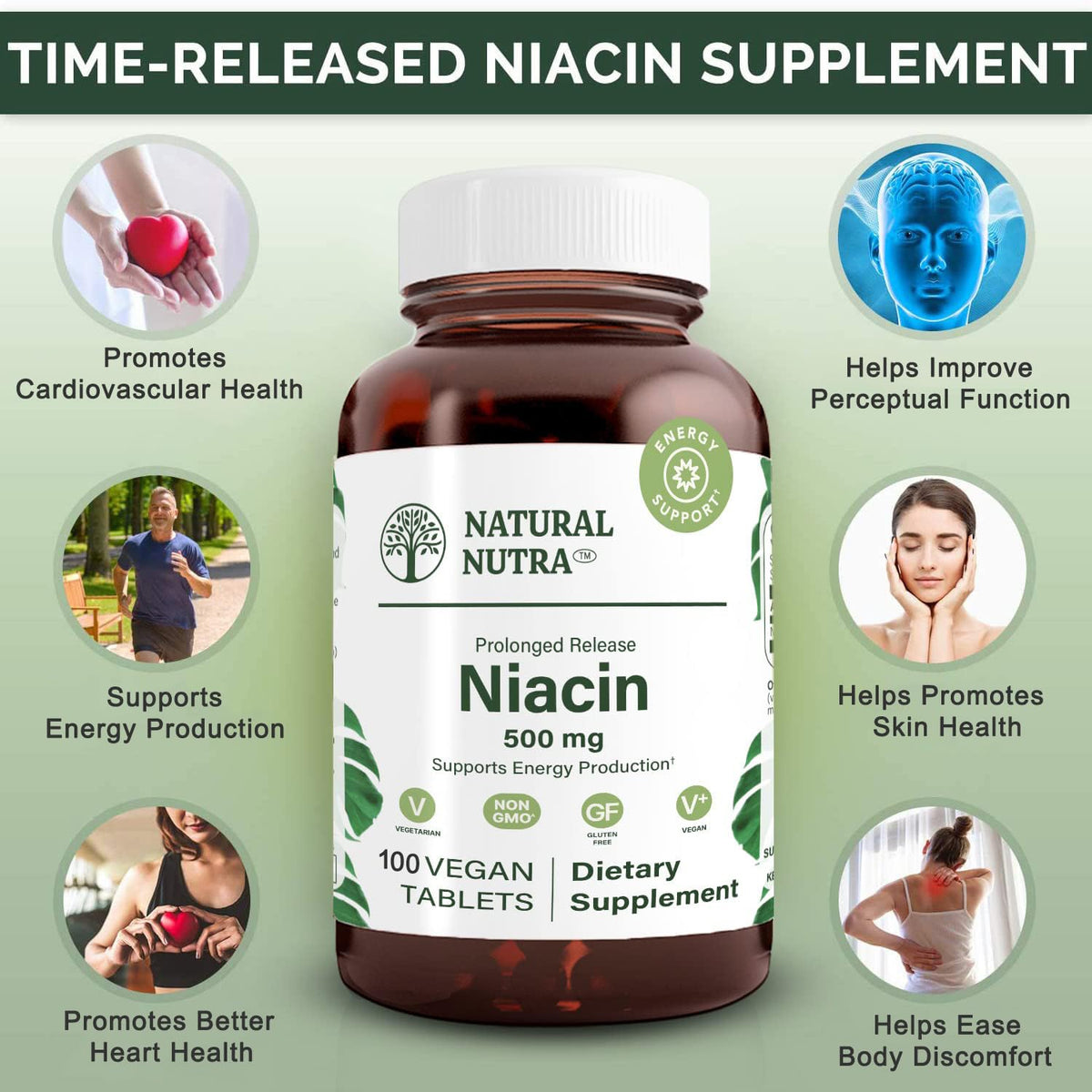 Vue latérale de la bouteille de niacine B3 Natural Nutra