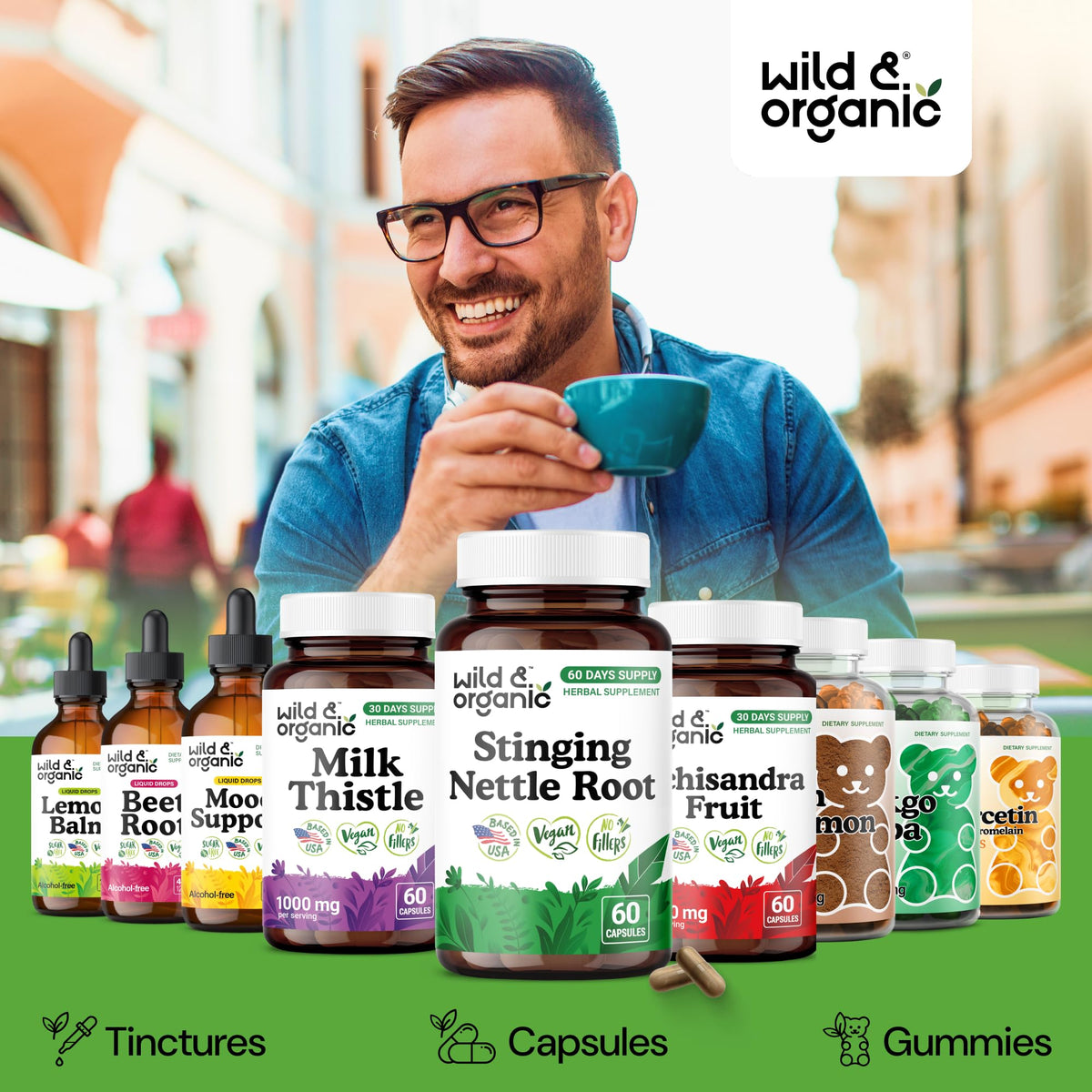 Vue latérale de la bouteille de Wild & Organic contenant des capsules
