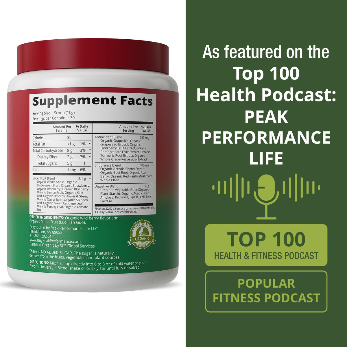 Vue latérale de la Poudre Superaliment Rouge Bio Peak Performance