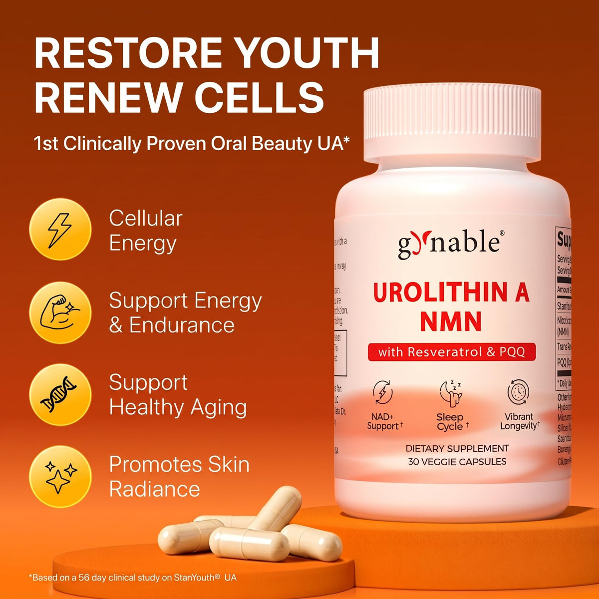 Vue latérale de Vevoec Gynable Urolithin A avec capsules