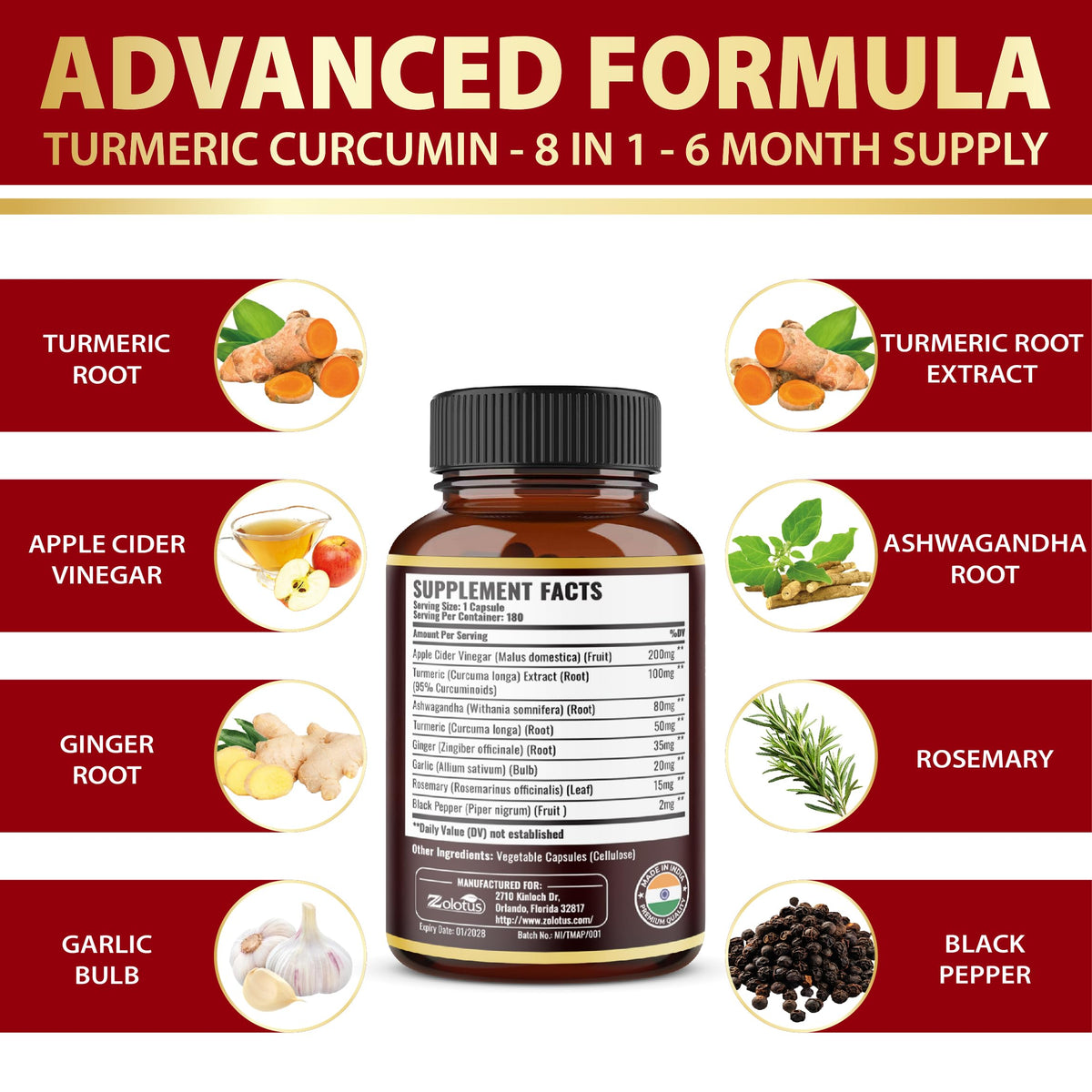 Vue latérale de Zolotus 7 en 1 Curcuma Vinaigre de Pomme