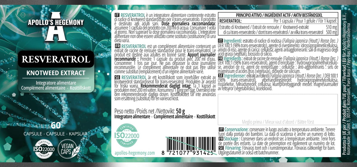 Vue latérale des capsules APOLLO'S HEGEMONY Resveratrol 400 mg