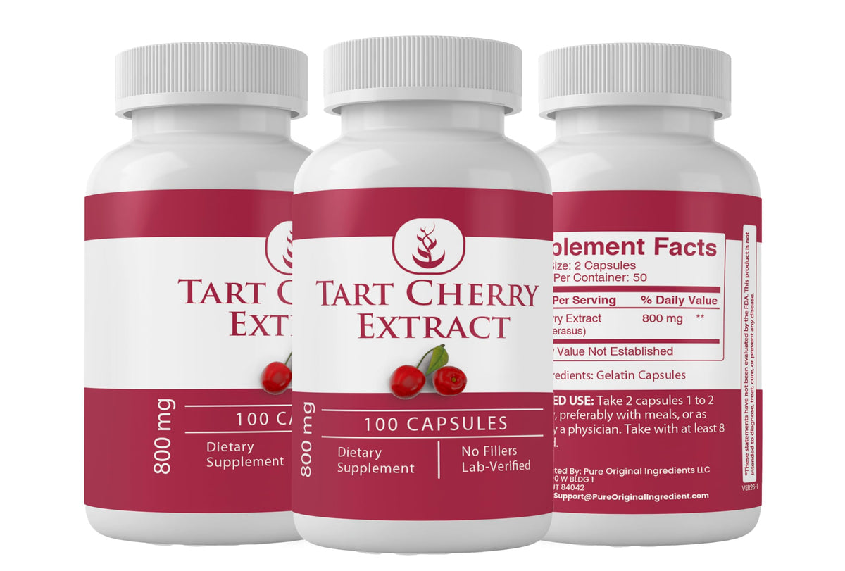 Vue latérale des capsules d'extrait de cerise acidulée PURE ORIGINAL INGREDIENTS
