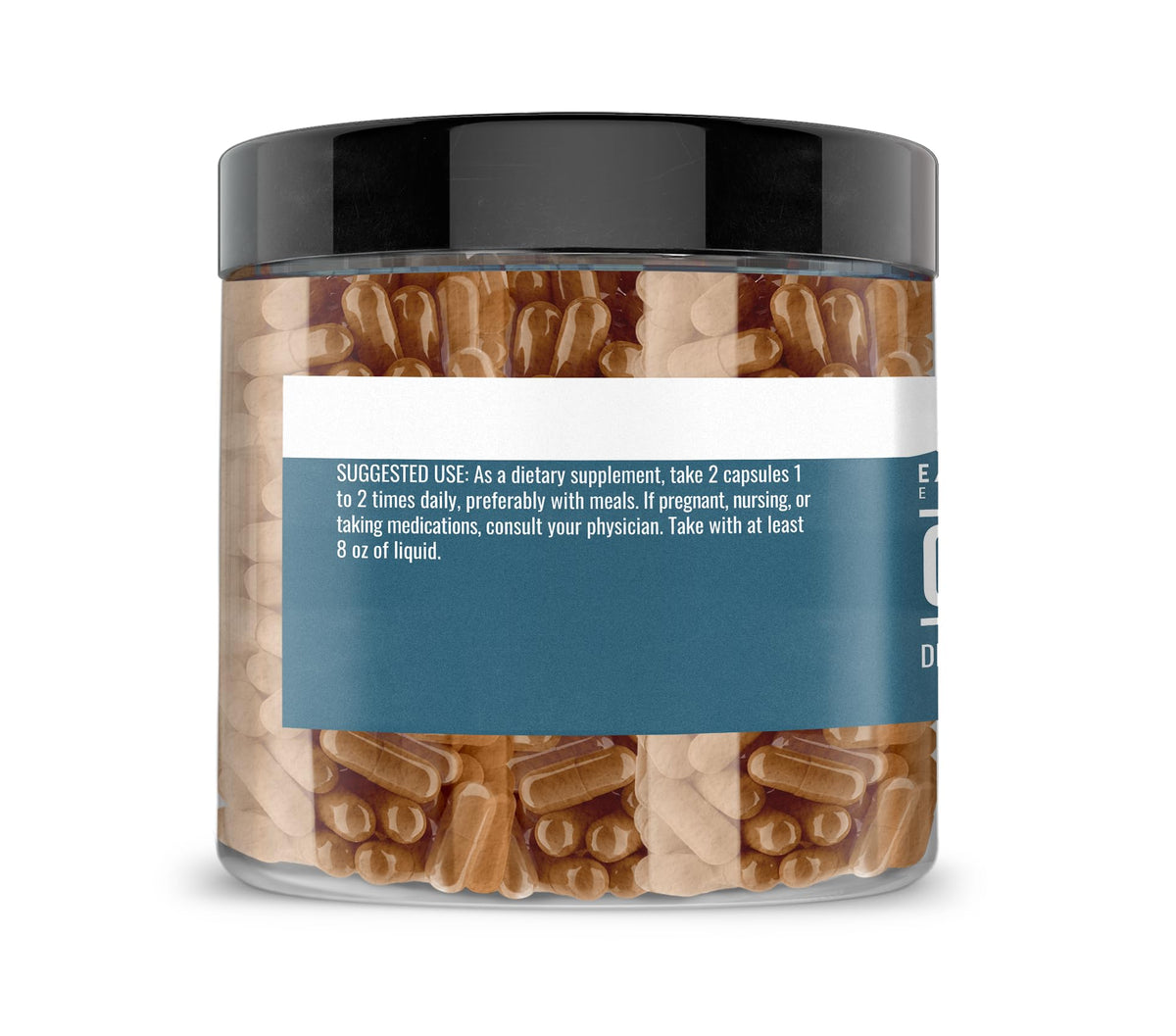 Vue latérale des capsules d'extrait de champignon Chaga