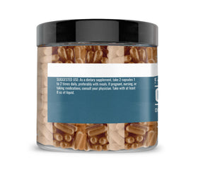Vue latérale des capsules d'extrait de champignon Chaga
