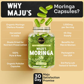 Vue latérale des capsules de Moringa Maju Superfoods
