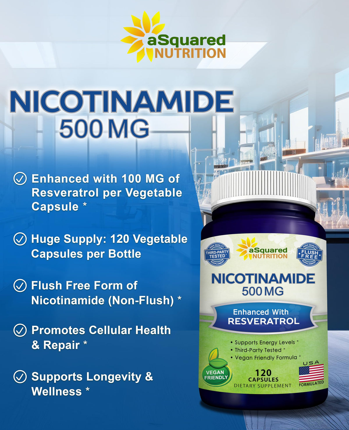 Vue latérale des capsules de Nicotinamide 500mg aSquared Nutrition