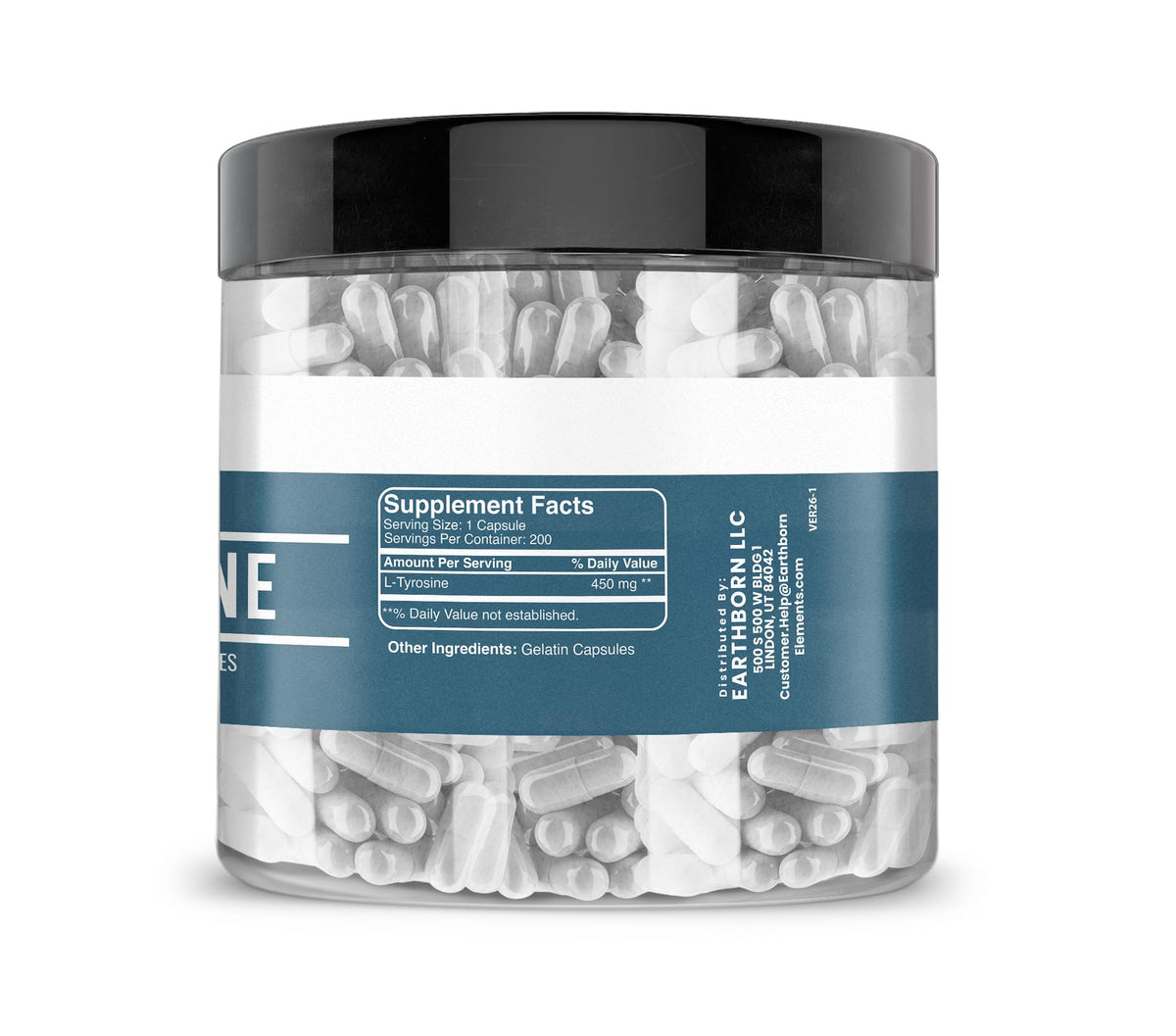 Vue latérale des capsules L-Tyrosine d'Earthborn Elements