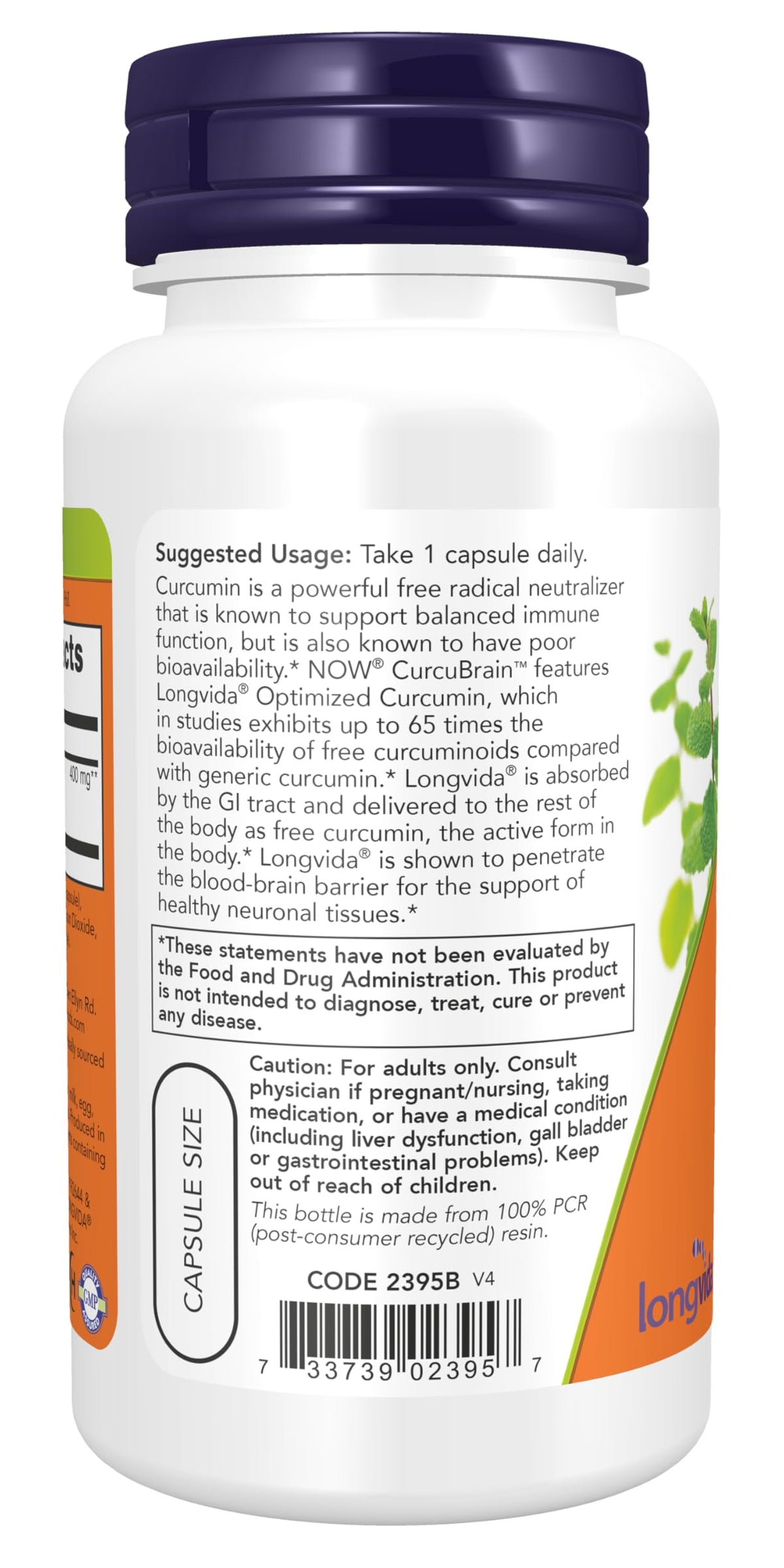 Vue latérale des capsules NOW Foods CurcuBrain™