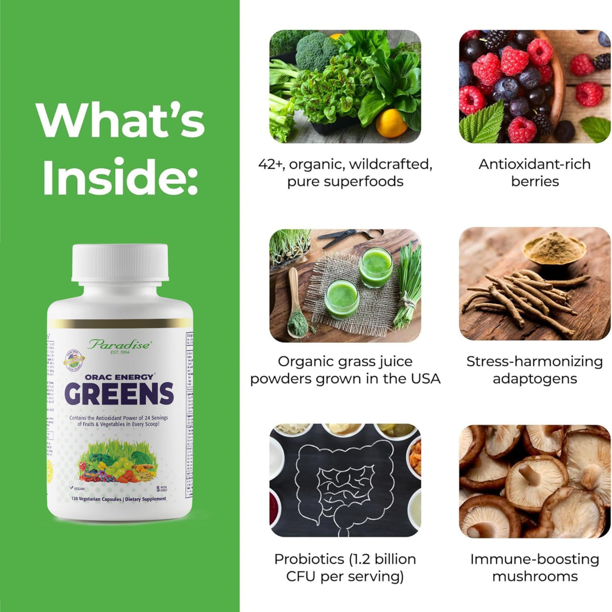 Vue latérale des capsules ORAC Energy Superfood de Paradise Herbs