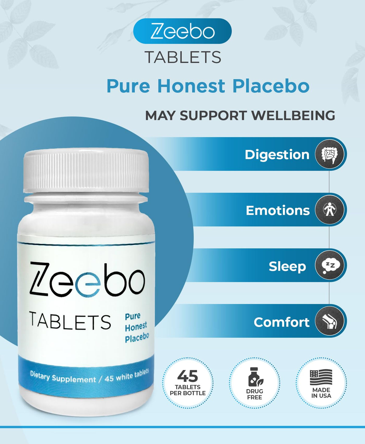 Vue latérale des pilules placebo Zeebo sur fond blanc