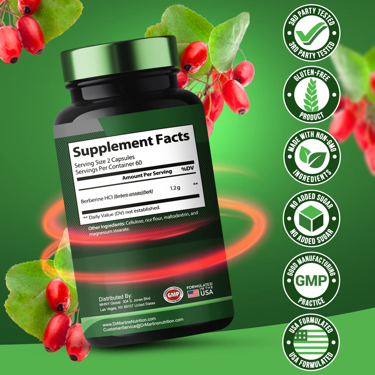 Vue latérale du flacon de Berbérine 1200mg de DR. MARTIN'S NUTRITION