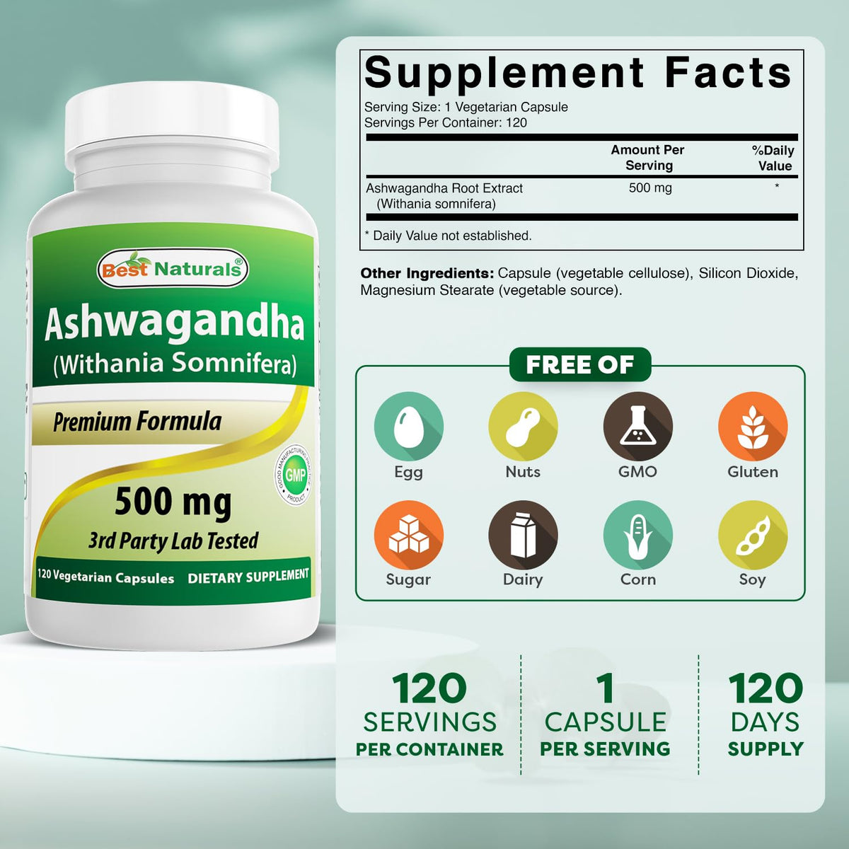 Vue latérale du flacon de Best Naturals Extrait d'Ashwagandha