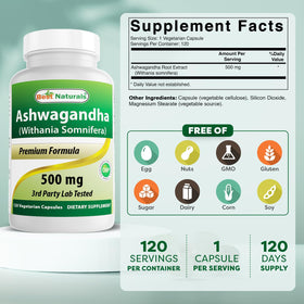 Vue latérale du flacon de Best Naturals Extrait d'Ashwagandha
