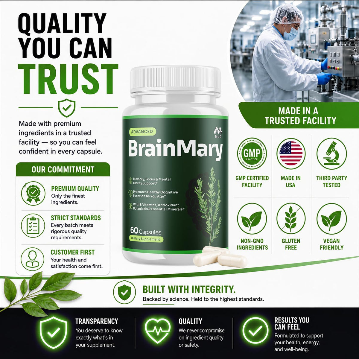 Vue latérale du flacon de BrainMary MJO avec capsules