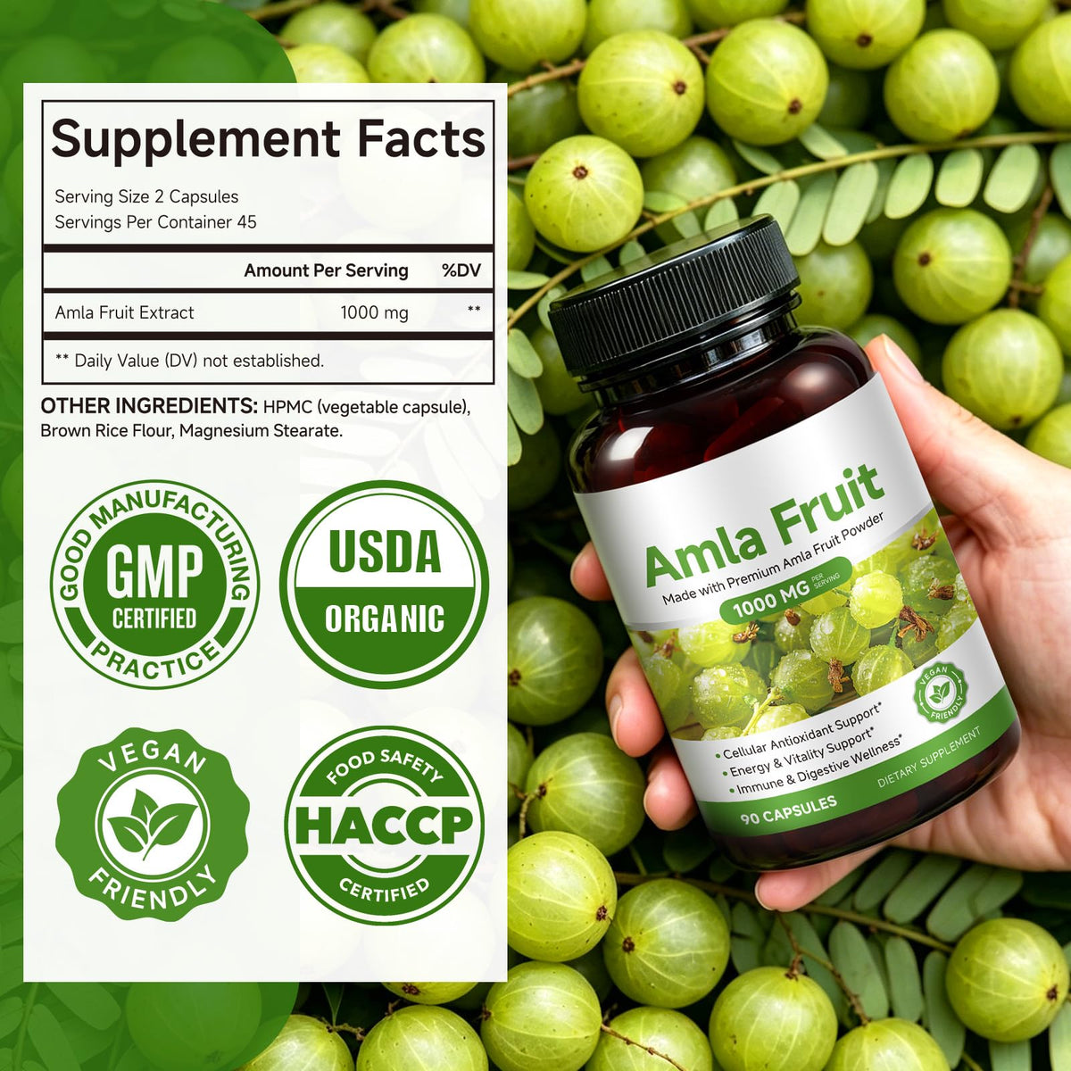 Vue latérale du flacon de capsules Amla JYVGNLXS