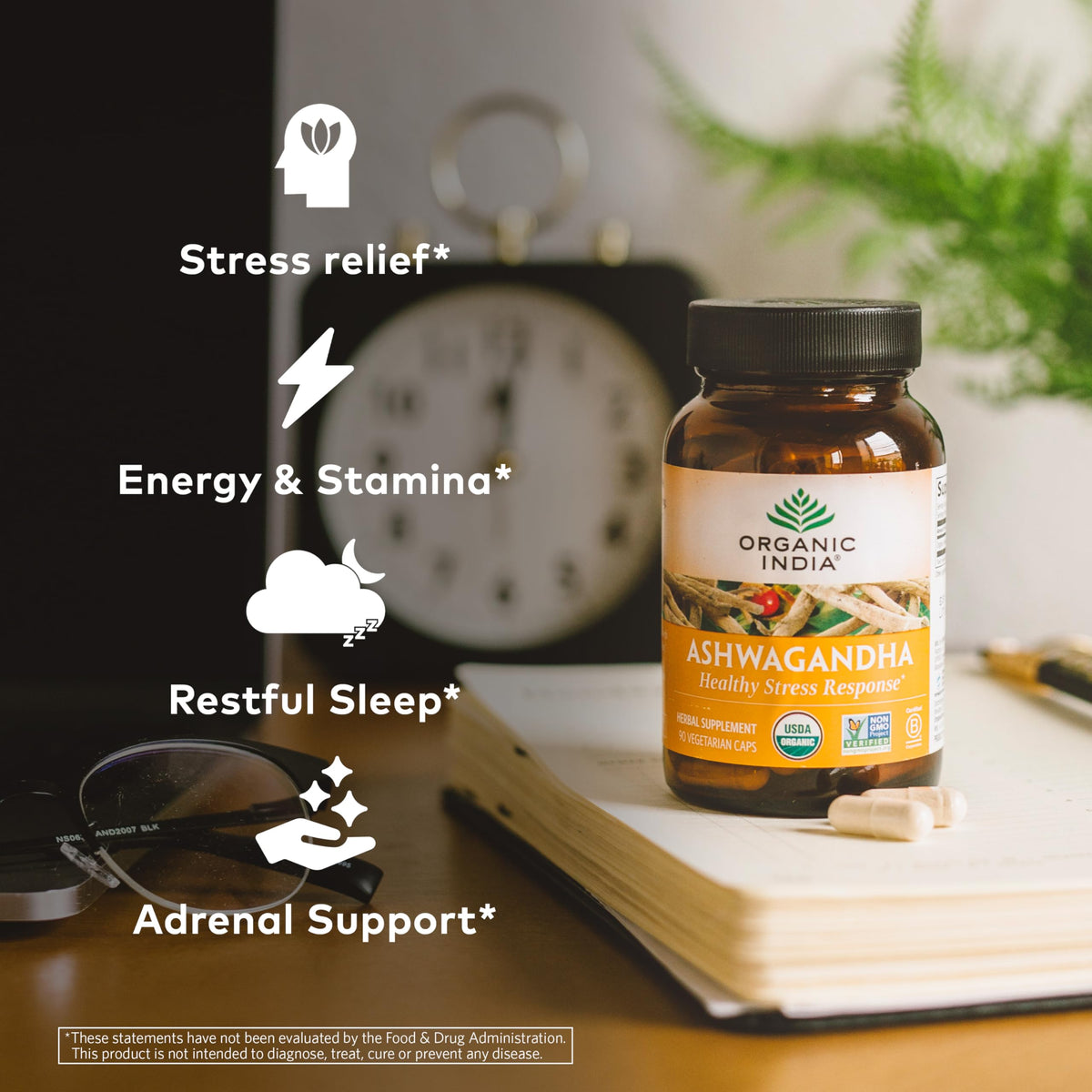 Vue latérale du flacon de capsules d'Ashwagandha Bio ORGANIC INDIA