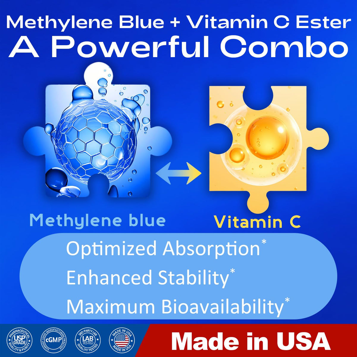 Vue latérale du flacon de Capsules de Bleu de Méthylène Bluesun
