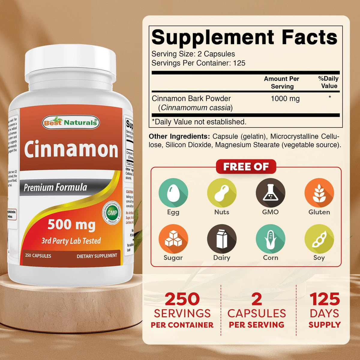 Vue latérale du flacon de capsules de cannelle Best Naturals