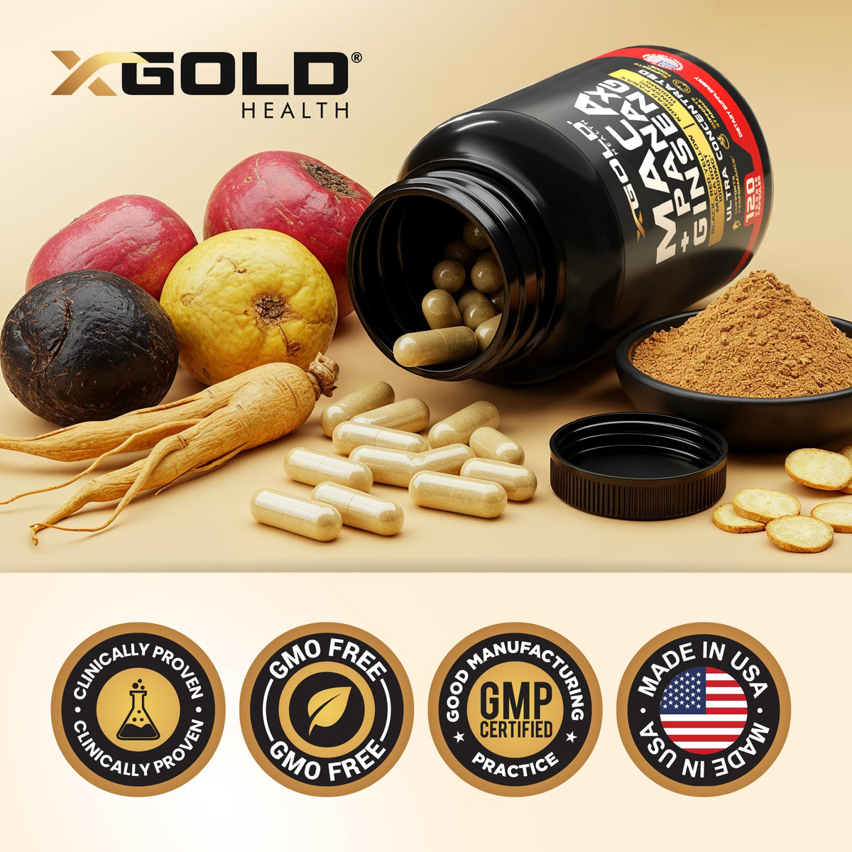 Vue latérale du flacon de capsules de Maca et Ginseng X Gold Health