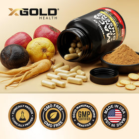 Vue latérale du flacon de capsules de Maca et Ginseng X Gold Health