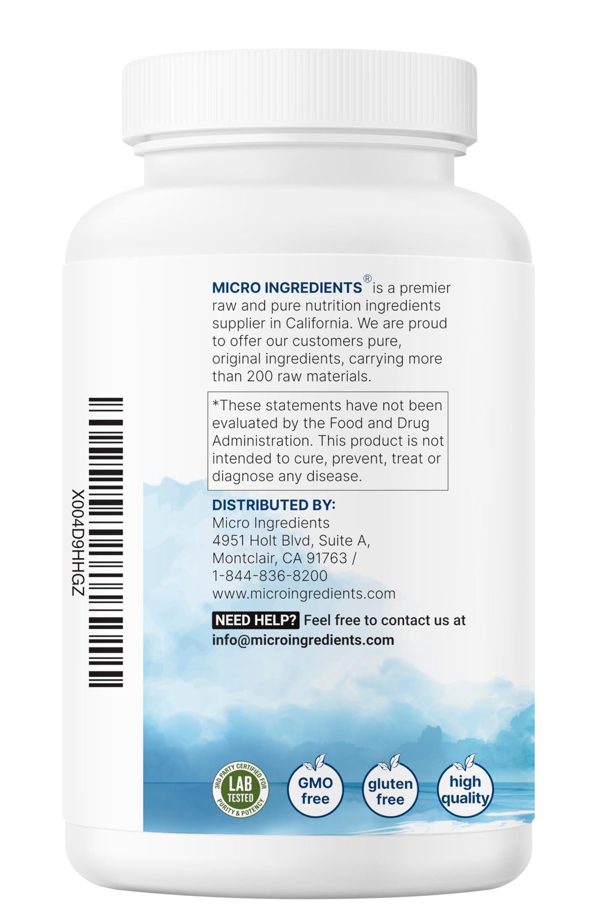 Vue latérale du flacon de capsules de magnésium oxide Micro Ingredients