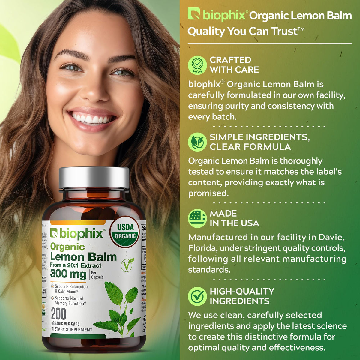Vue latérale du flacon de capsules de mélisse biophix