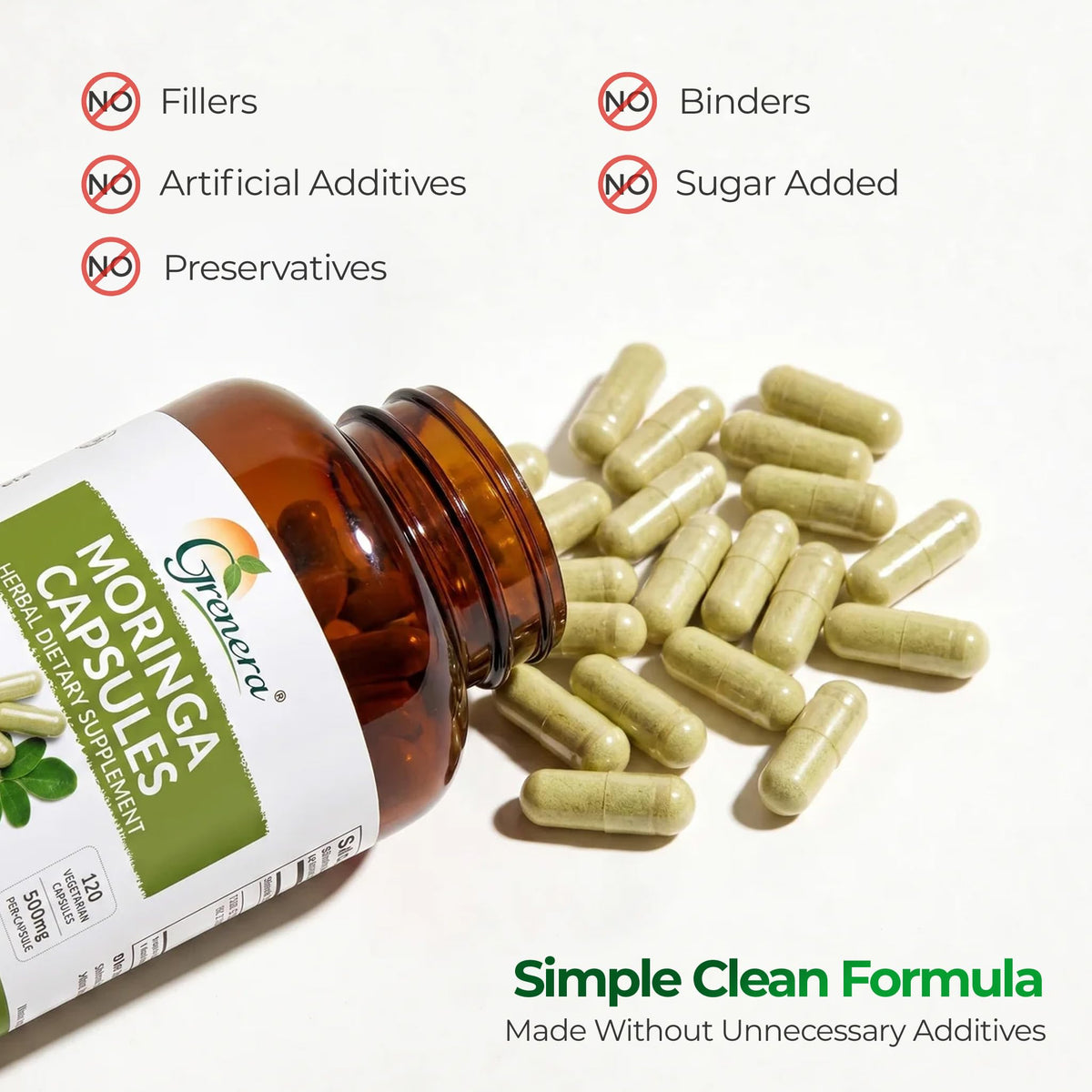 Vue latérale du flacon de capsules de moringa Grenera