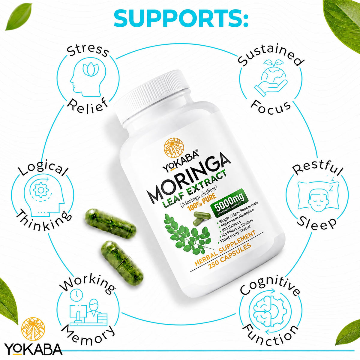 Vue latérale du flacon de capsules de Moringa Yokaba