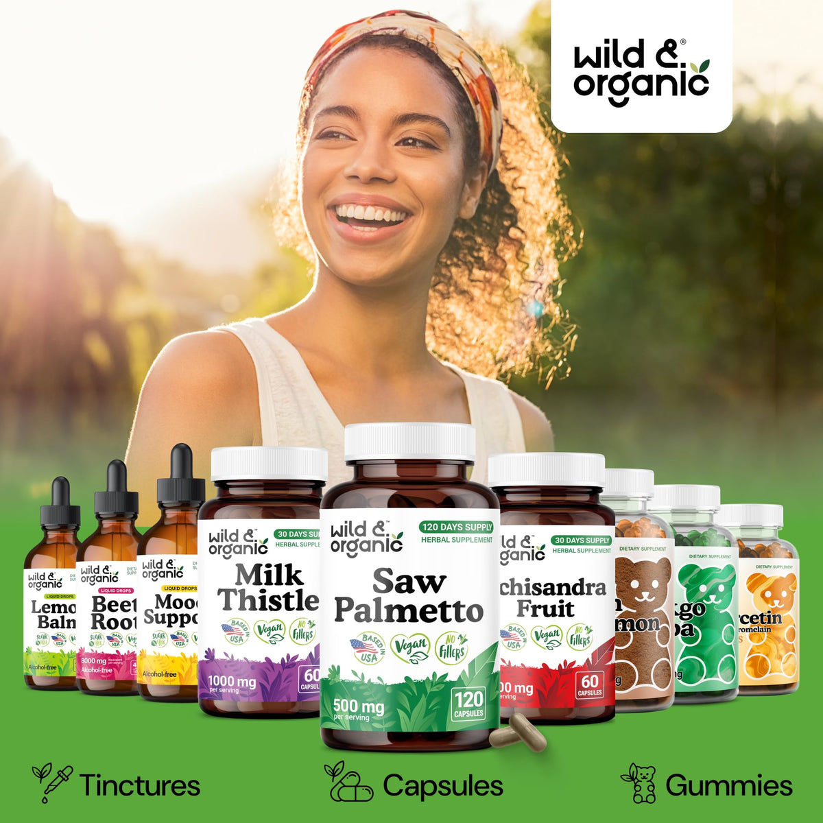 Vue latérale du flacon de capsules de Saw Palmetto Wild & Organic