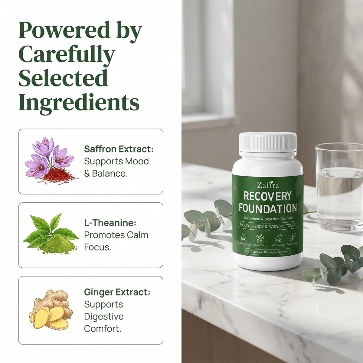 Vue latérale du flacon de capsules GLORAMD Zafira Organics
