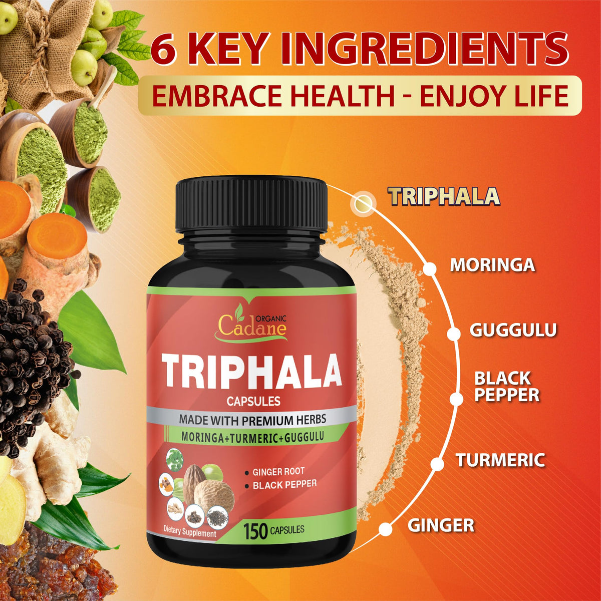 Vue latérale du flacon de capsules Triphala Organic Cadane