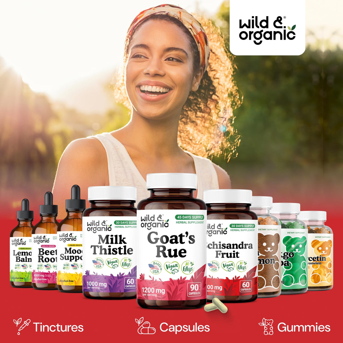 Vue latérale du flacon de capsules Wild & Organic Rue des Chèvres