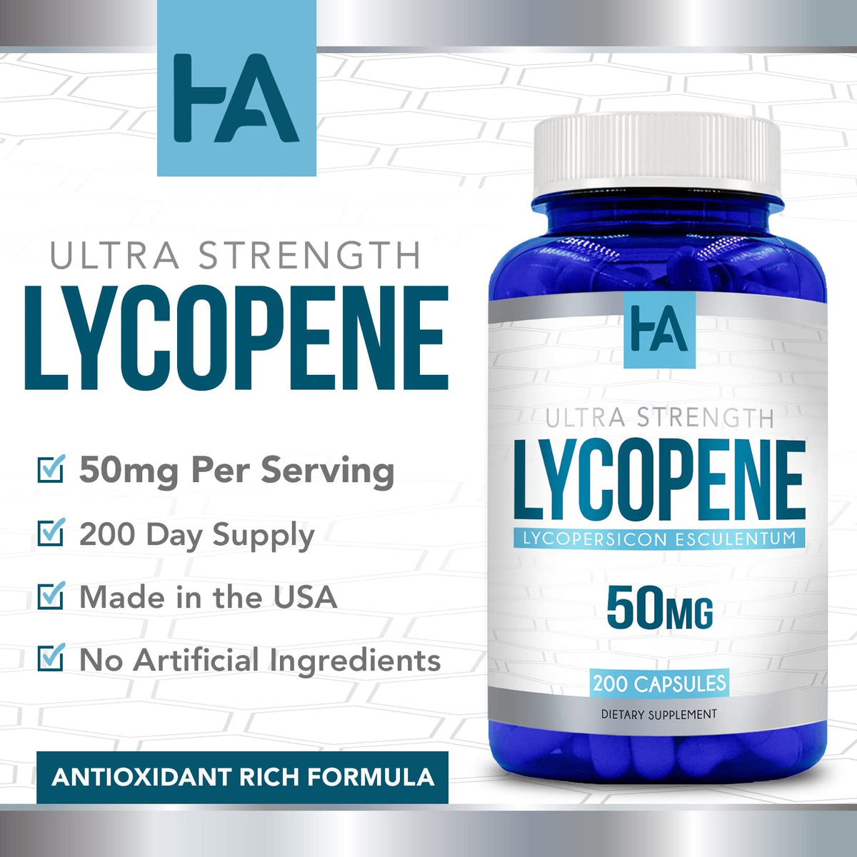 Vue latérale du flacon de Lycopène 50mg avec dosage visible