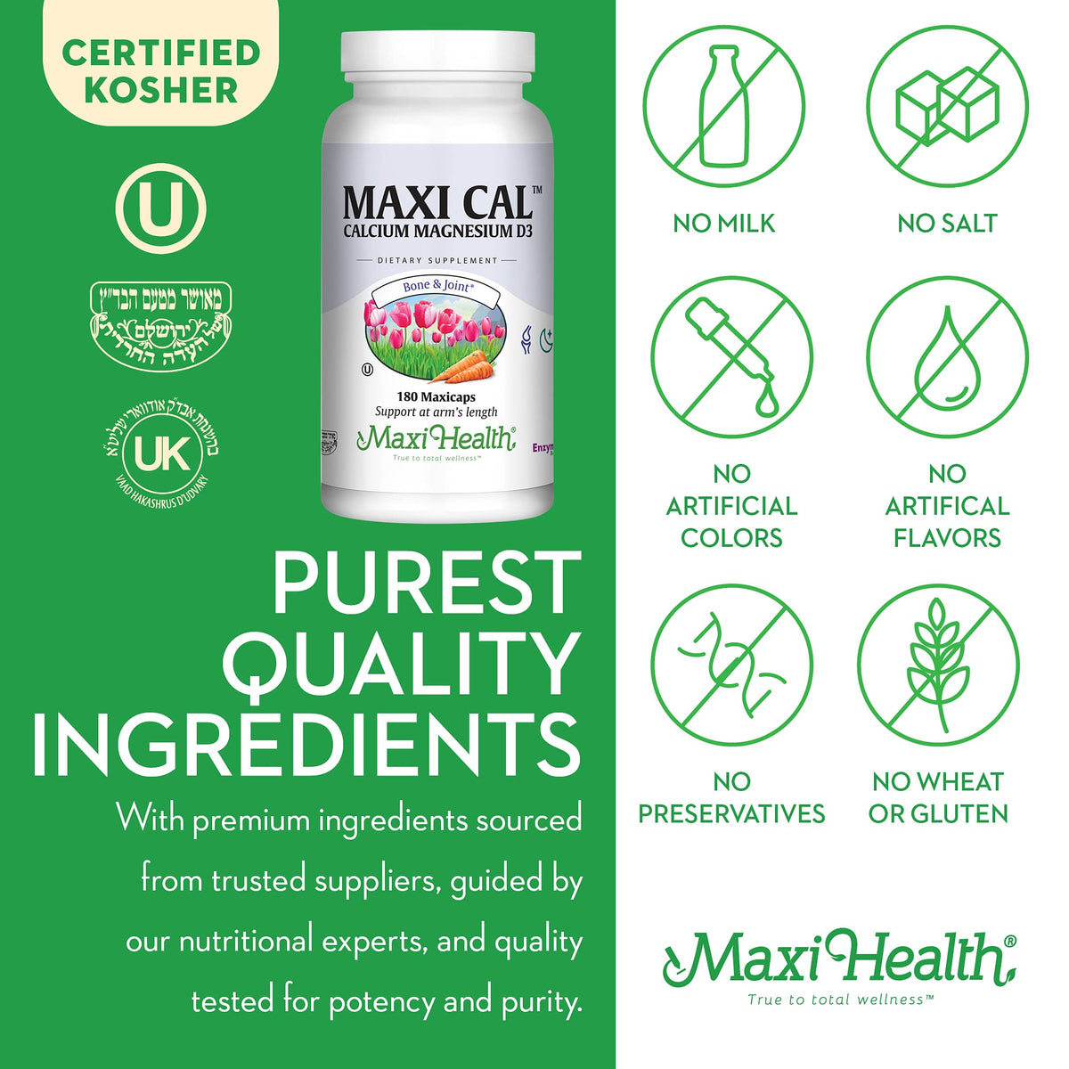 Vue latérale du flacon de Maxi Health Calcium 1000 mg avec D3 et Magnésium