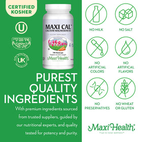 Vue latérale du flacon de Maxi Health Calcium 1000 mg avec D3 et Magnésium