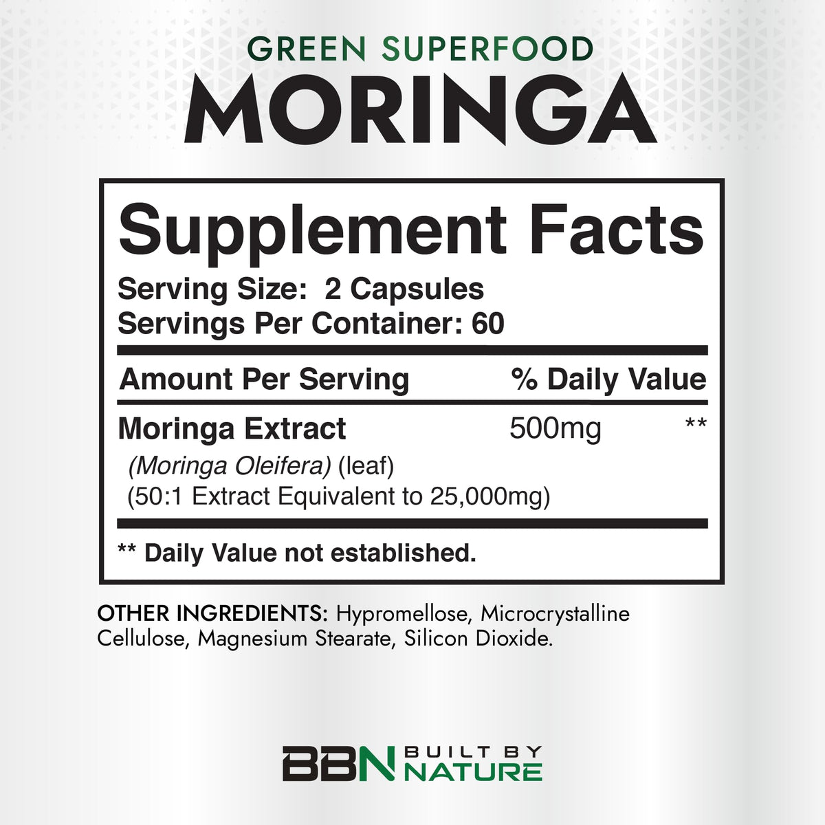 Vue latérale du flacon de Moringa 500mg Built by Nature