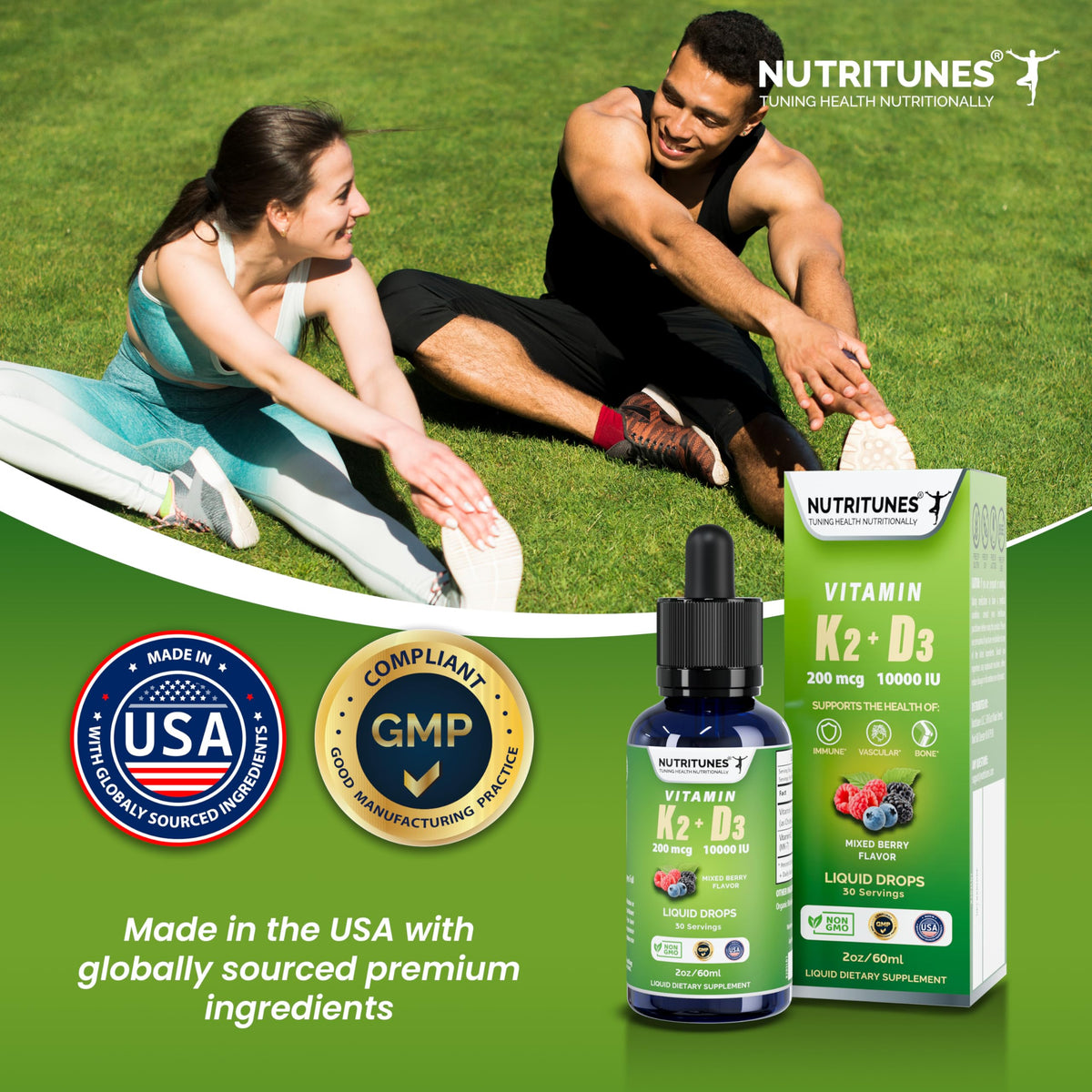 Vue latérale du flacon de Nutritunes K2 D3 60 mL