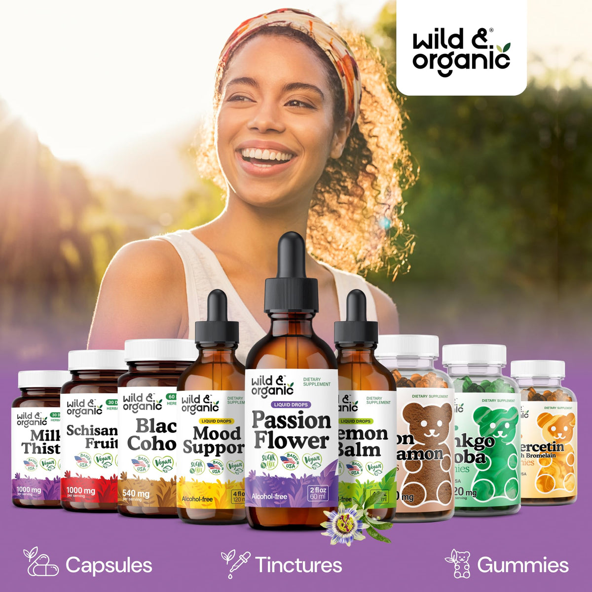 Vue latérale du flacon de teinture de passiflore Wild & Organic