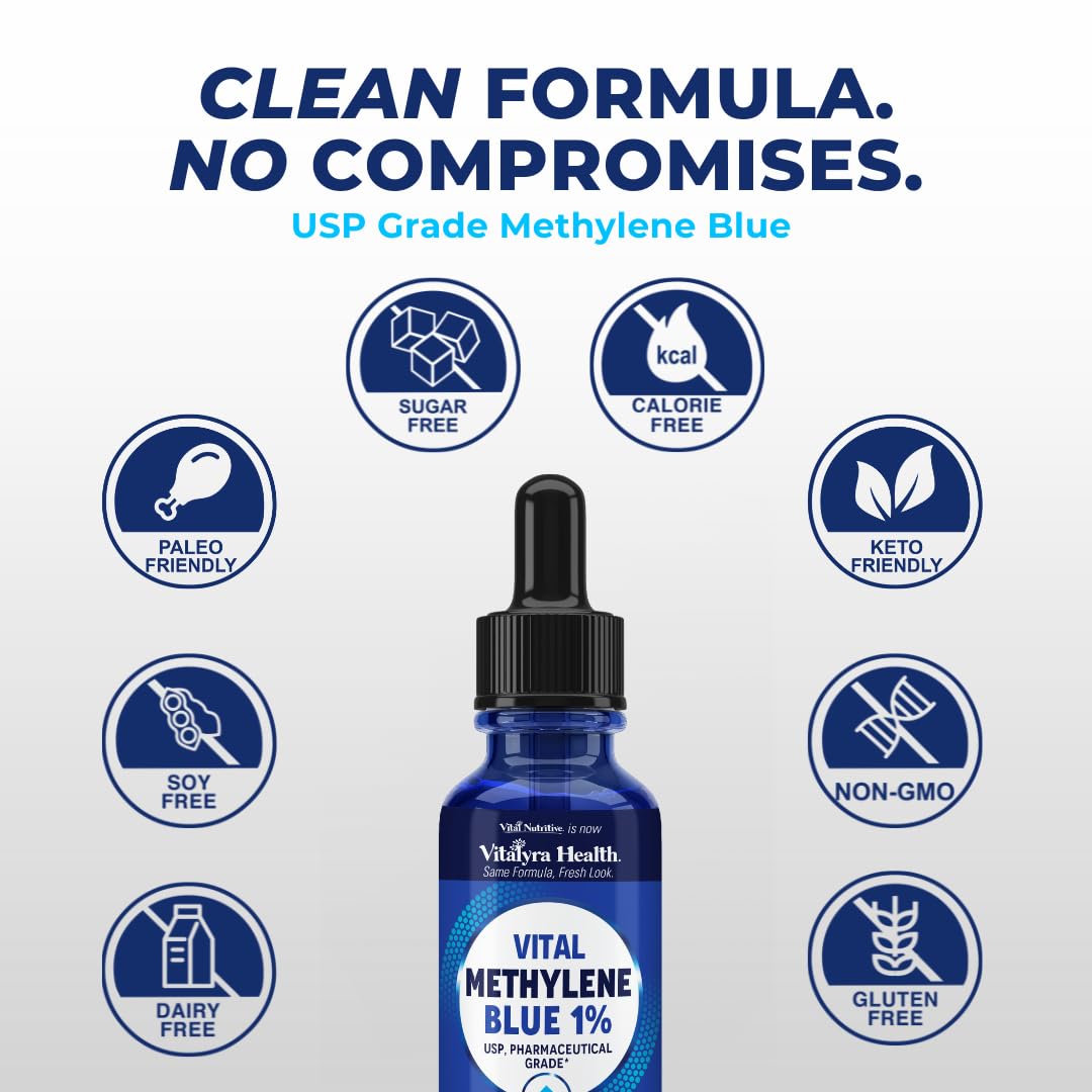 Vue latérale du flacon de VITAL NUTRITIVE Methylene Blue 1%