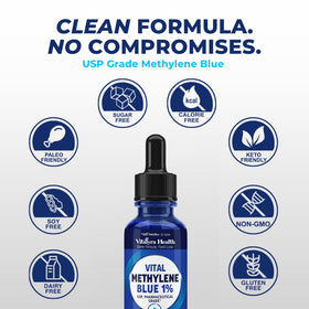 Vue latérale du flacon de VITAL NUTRITIVE Methylene Blue 1%