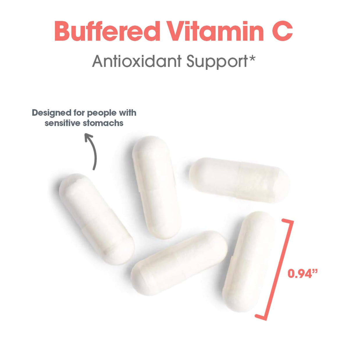 Vue latérale du flacon de Vitamine C Tamponnée 1000 mg Allergy Research Group