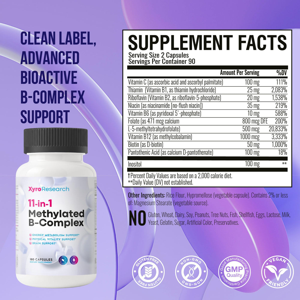 Vue latérale du flacon de Xyro Research B-Complex Methylé