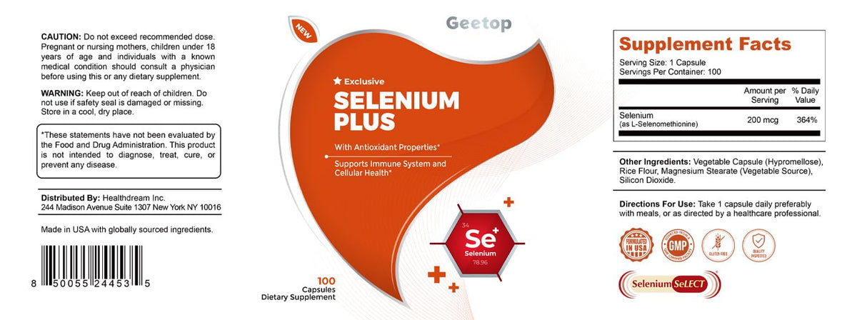Vue latérale du flacon Geetop Sélénium 200 mcg