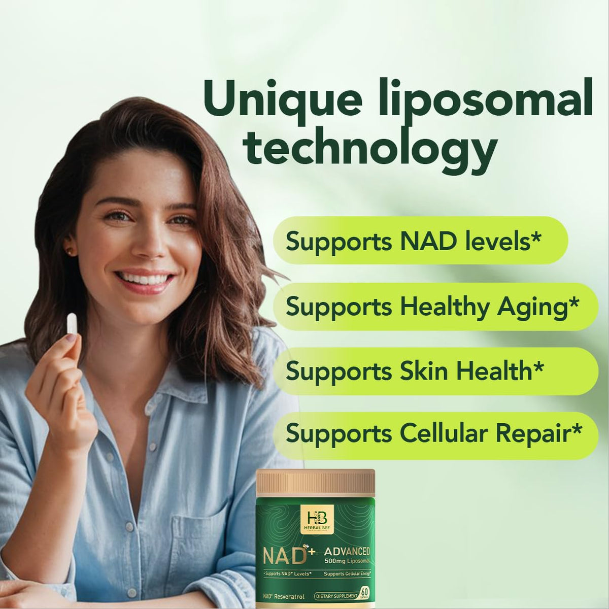 Vue latérale du flacon Herbal Bee Liposomal NAD+ 500 mg