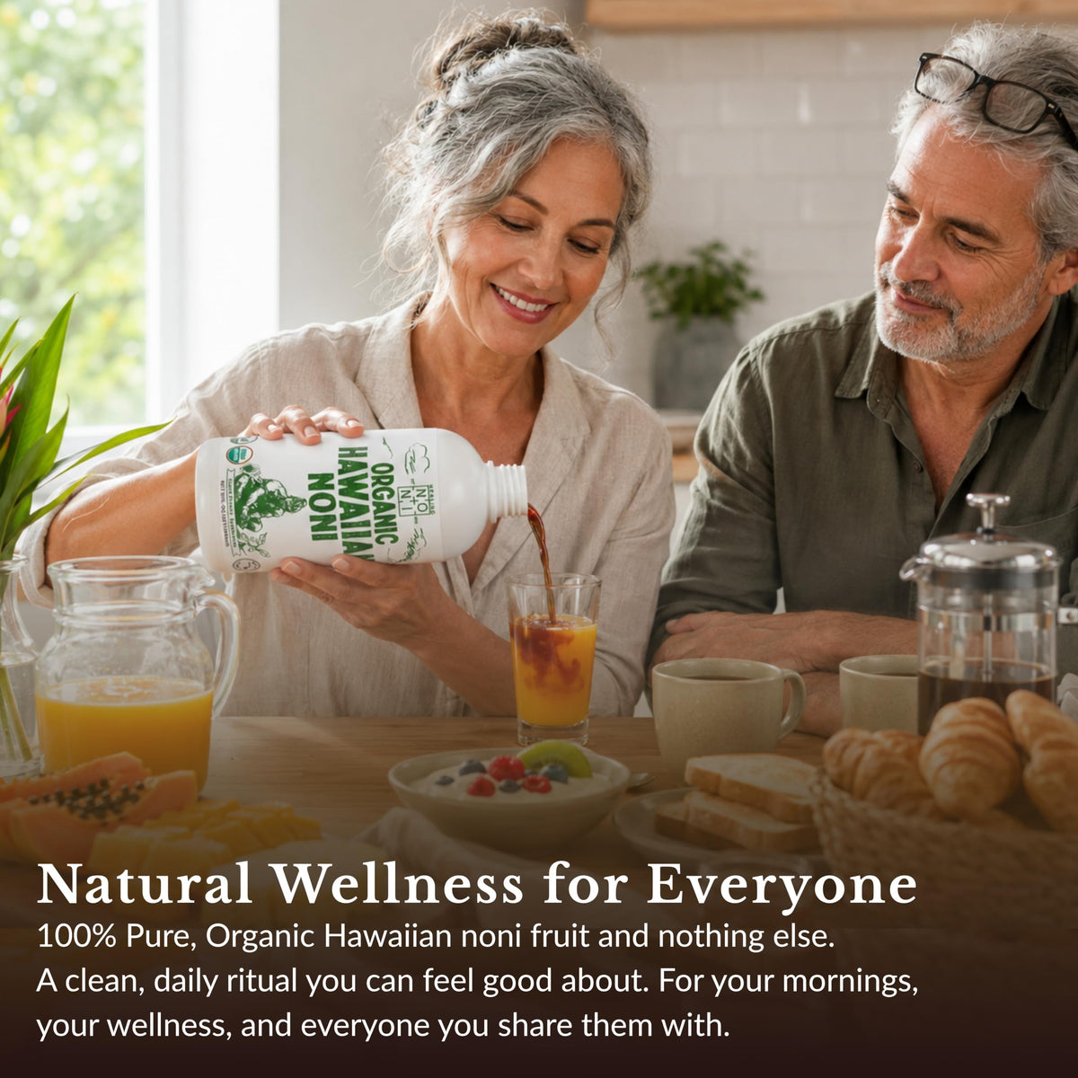 Vue latérale du jus de noni Healing Noni 1L