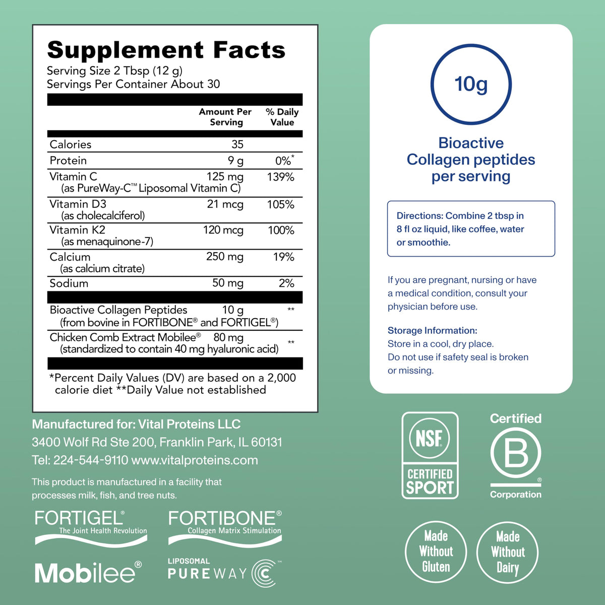 Vue latérale du pot de Complexe de Collagène Bioactif Vital Proteins